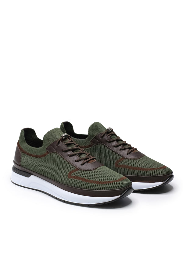 Otranto Triko ve Hakiki Deri Erkek Sneaker Ayakkabı — Haki