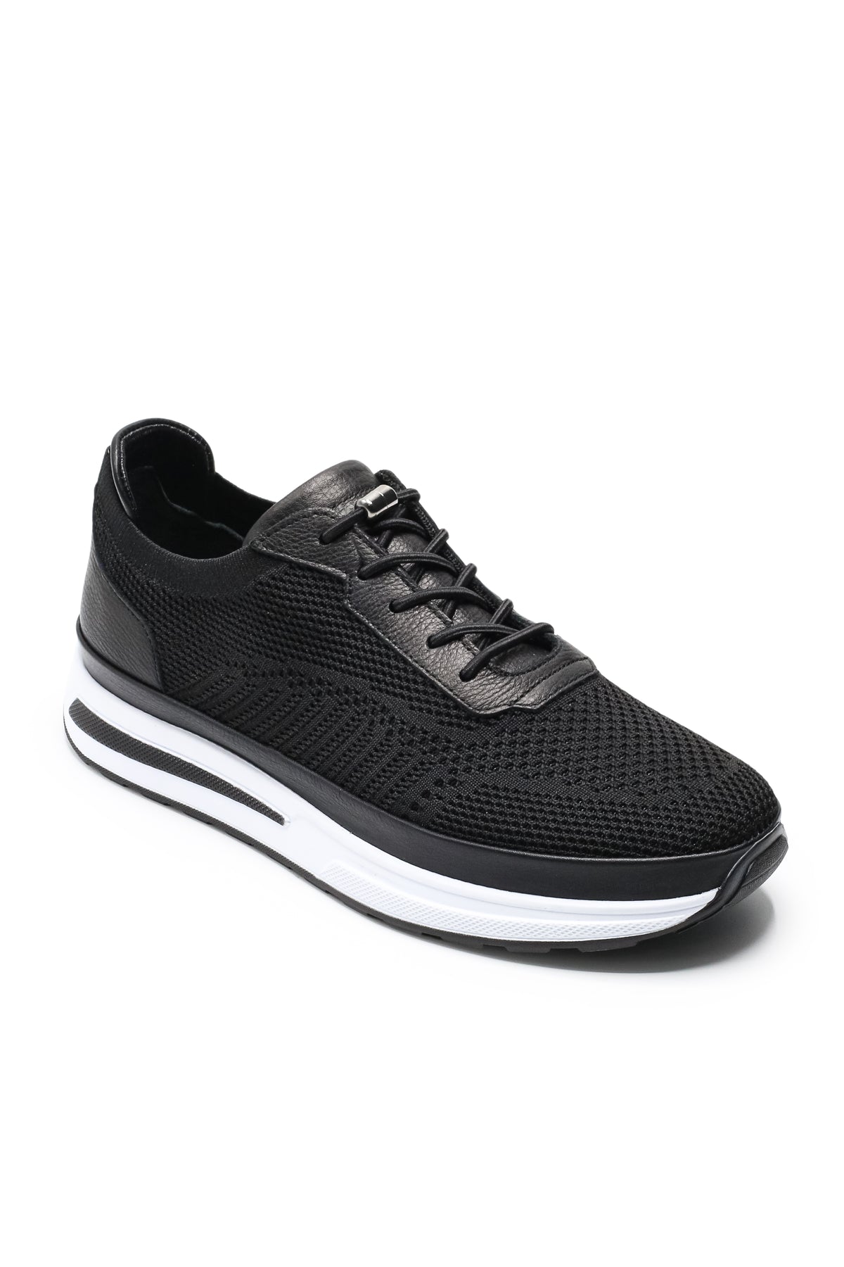 Gaeta Triko ve Hakiki Deri Erkek Sneaker Ayakkabı - Siyah