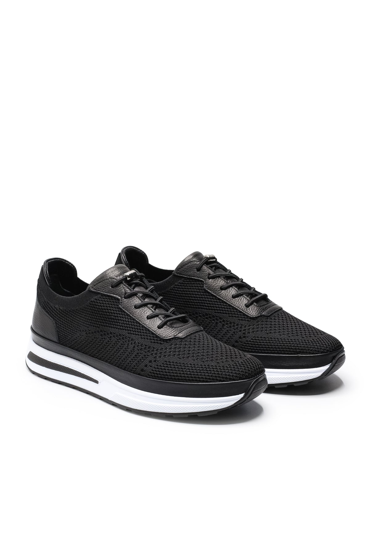 Gaeta Triko ve Hakiki Deri Erkek Sneaker Ayakkabı - Siyah