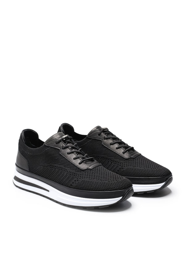 Gaeta Triko ve Hakiki Deri Erkek Sneaker Ayakkabı — Siyah
