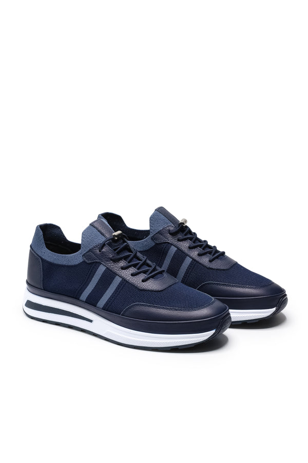 Maratea Triko ve Hakiki Deri Erkek Sneaker Ayakkabı — Lacivert Mavi