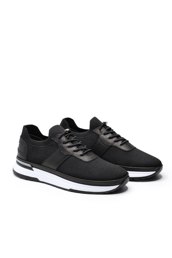 Vieste Triko ve Hakiki Deri Erkek Sneaker Ayakkabı — Siyah